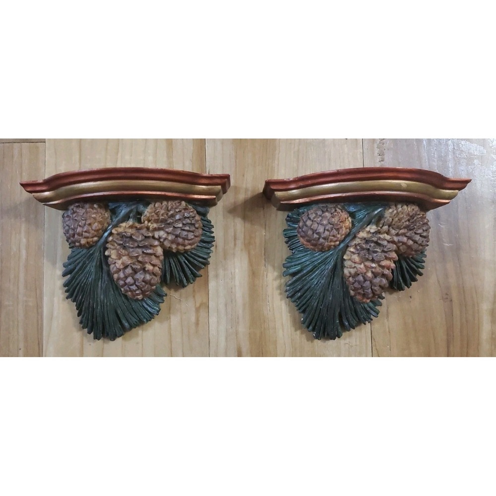 Vintage Pinecone & Needle Wall Sconce Display Shelves Set Woodland Forest Cabin